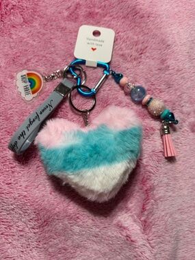 Striped Trans Faux Fur Heart Keychain w/ Beaded tassel and stretch rainbow Charm